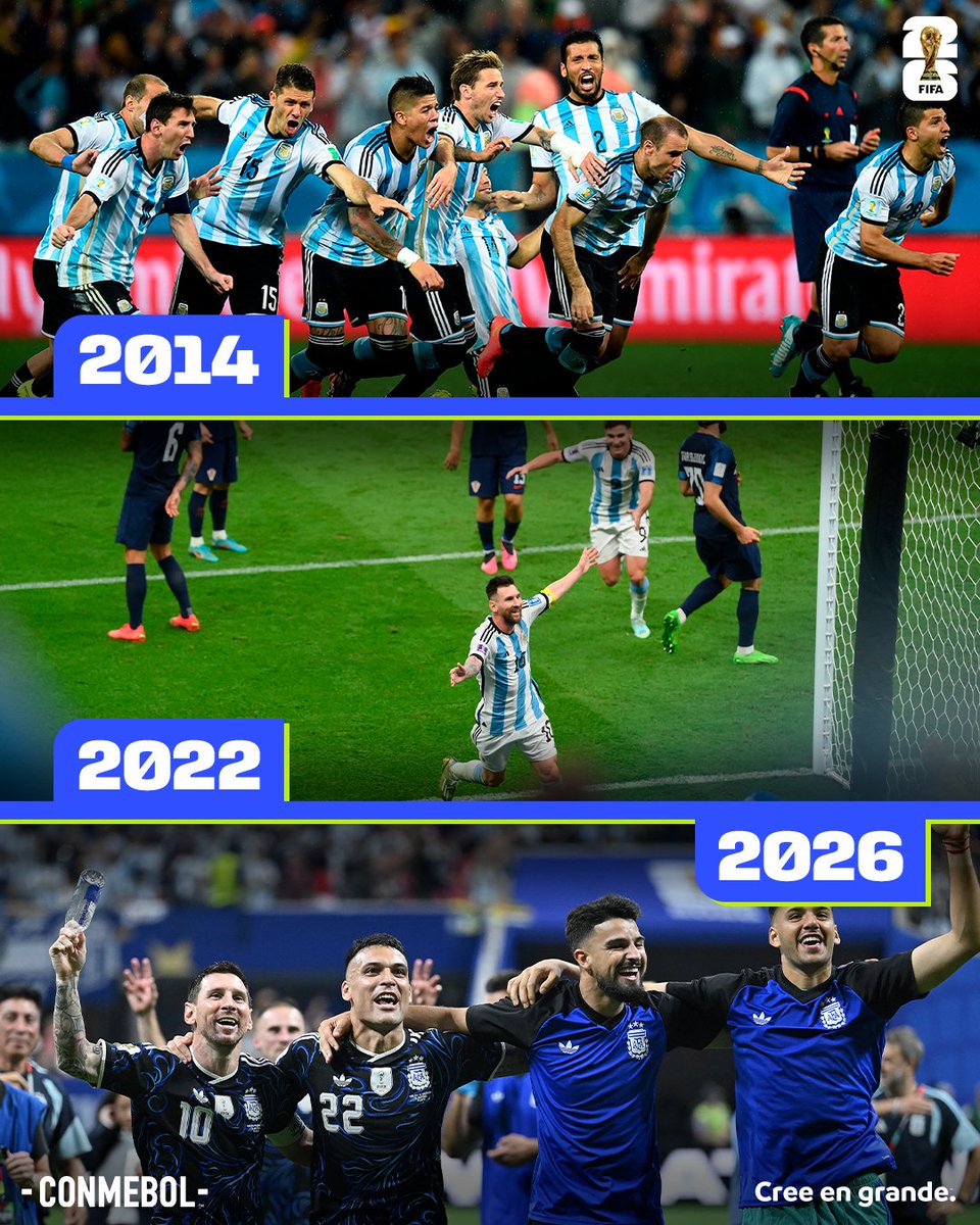 CONMEBOL's tweet photo. ¡Tres finales en los últimos cuatro Mundiales! 👏🇦🇷

#CopaMundialFIFA https://t.co/0fdLinUElu