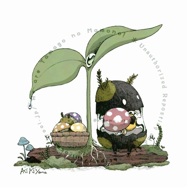 kiyama_aki's tweet photo. 🌱苔むすタマゴ（再掲）

2021年に描いた、苔むしサビが初登場したイラスト。 https://t.co/yOA4dRTWSX