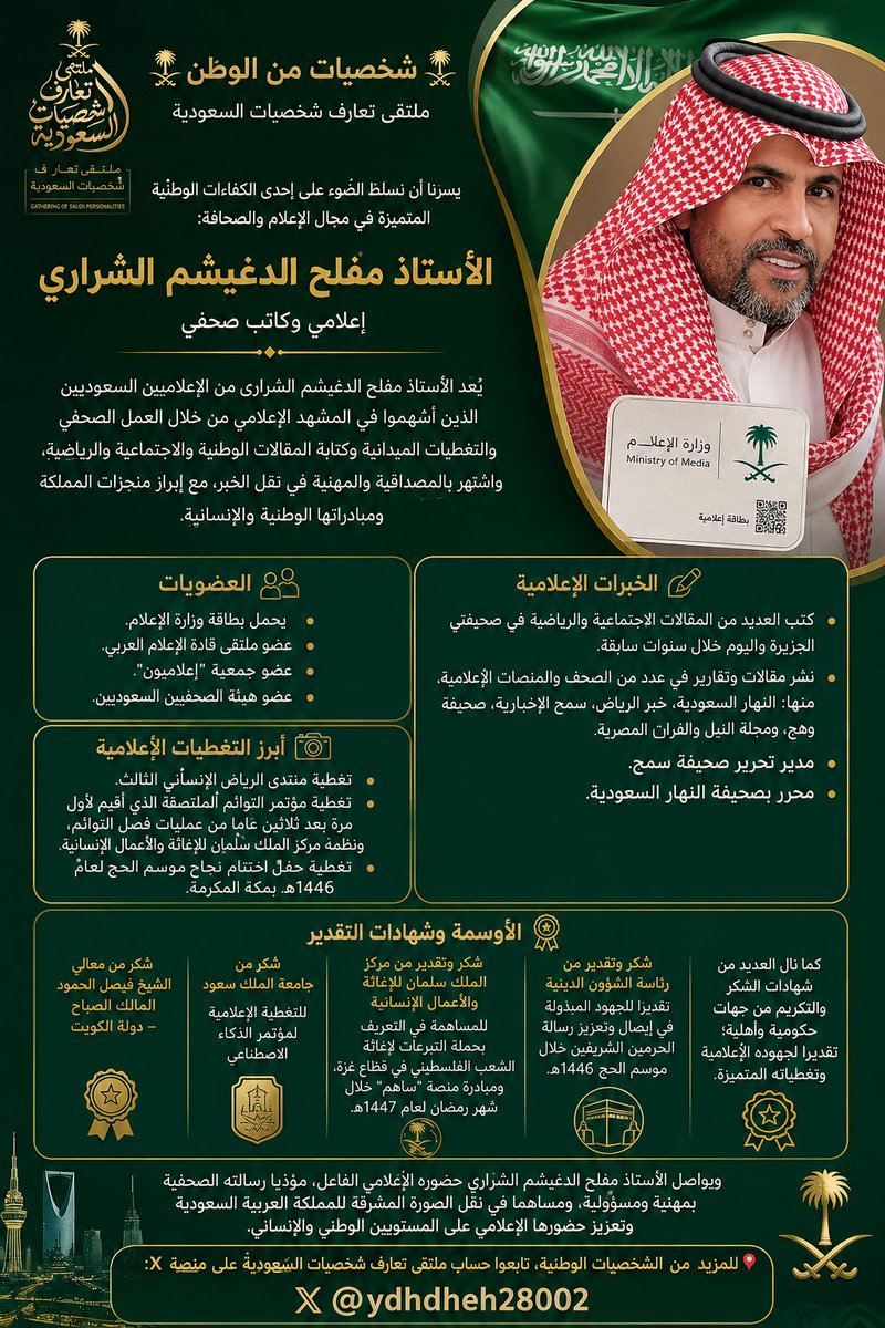 ydhdheh28002's tweet photo. 🇸🇦 شخصيات من الوطن 🇸🇦
ملتقى تعارف شخصيات السعودية

يسرّنا أن نسلّط الضوء على إحدى الكفاءات الوطنية المتميزة في مجال الإعلام والصحافة:

الأستاذ مفلح الدغيشم الشراري
إعلامي وكاتب صحفي

يُعد الأستاذ مفلح الدغيشم الشراري من الإعلاميين السعوديين الذين أسهموا في المشهد الإعلامي عبر العمل الصحفي والتغطيات الميدانية وكتابة المقالات الوطنية والاجتماعية والرياضية، وعُرف بالمهنية والمصداقية في نقل الخبر، وإبراز منجزات المملكة ومبادراتها الوطنية والإنسانية.

ومن أبرز عضوياته:
• حامل بطاقة وزارة الإعلام.
• عضو ملتقى قادة الإعلام العربي.
• عضو جمعية "إعلاميون".
• عضو هيئة الصحفيين السعوديين.

كما شغل مناصب إعلامية عدة، من أبرزها:
• مدير تحرير صحيفة سمح.
• محرر في صحيفة النهار السعودية.
• كاتب مقالات وتقارير في عدد من الصحف والمنصات الإعلامية المحلية والعربية.

وشارك في تغطية العديد من الفعاليات الوطنية والإنسانية، منها:
▪️ منتدى الرياض الإنساني الثالث.
▪️ مؤتمر التوائم الملتصقة الذي نظمه مركز الملك سلمان للإغاثة والأعمال الإنسانية.
▪️ حفل اختتام موسم الحج 1446هـ بمكة المكرمة.

وحصل على عدد من شهادات الشكر والتقدير من جهات حكومية وأهلية، من بينها:
• رئاسة الشؤون الدينية.
• مركز الملك سلمان للإغاثة والأعمال الإنسانية.
• جامعة الملك سعود.
• معالي الشيخ فيصل الحمود المالك الصباح – دولة الكويت.

ويواصل الأستاذ مفلح الدغيشم الشراري أداء رسالته الإعلامية بمهنية ومسؤولية، مساهمًا في نقل الصورة المشرقة للمملكة العربية السعودية وتعزيز حضورها الإعلامي.

📍 للمزيد من الشخصيات الوطنية، تابعوا حساب ملتقى تعارف شخصيات السعودية على منصة X:

@ydhdheh28002
@lahibe1234

#شخصيات_من_الوطن #السعودية #الإعلام #الصحافة #هيئة_الصحفيين_السعوديين #وزارة_الإعلام #ملتقى_تعارف_شخصيات_السعودية