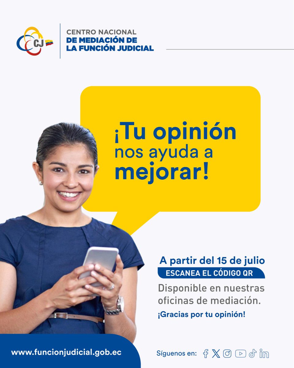 CanarCJ's tweet photo. 💬 A partir del 15 de julio, evalúa la atención y el servicio que recibiste en las oficinas de @MediacionCJ, escaneando el código QR que se encuentra en cada dependencia. 
✅ Comparte tu opinión y ayúdanos a mejorar.
#construyeacuerdos
#JusticiaConIndependenciaCJ ⚖️ https://t.co/5Fx7u5ioj6