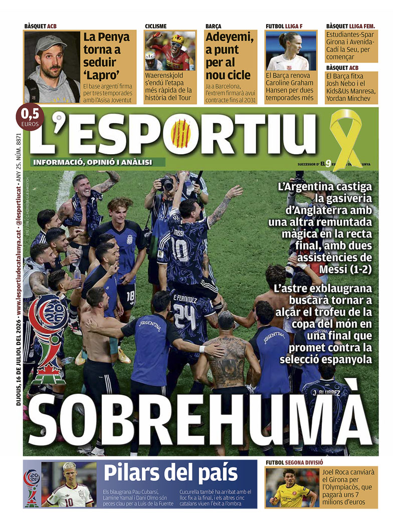 lesportiuCAT's tweet photo. SOBREHUMÀ, la portada de @lesportiucat @FIFAWorldCup @FCBarcelona_cat @FCBfemeni @letour @gironafc @Penya1930 @FCBbasket @BasquetManresa https://t.co/Y0aH6pAzr1