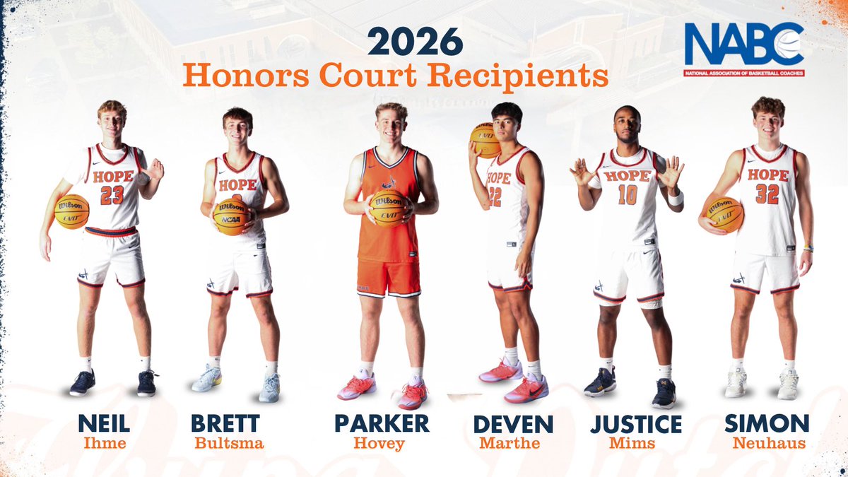 HopeCollegeMBB's tweet photo. Honored to be an 2026 @NABC1927 team excellence award recipient. 

Congratulations to our 2026 honors court recipients 
Neil Ihme: Business
Brett Bultsma: Business
Parker Hovey:  Business 
Deven Marthe: Biochemistry and Microbiology
Justice Mims: Exercise Science https://t.co/592L7tDYqY