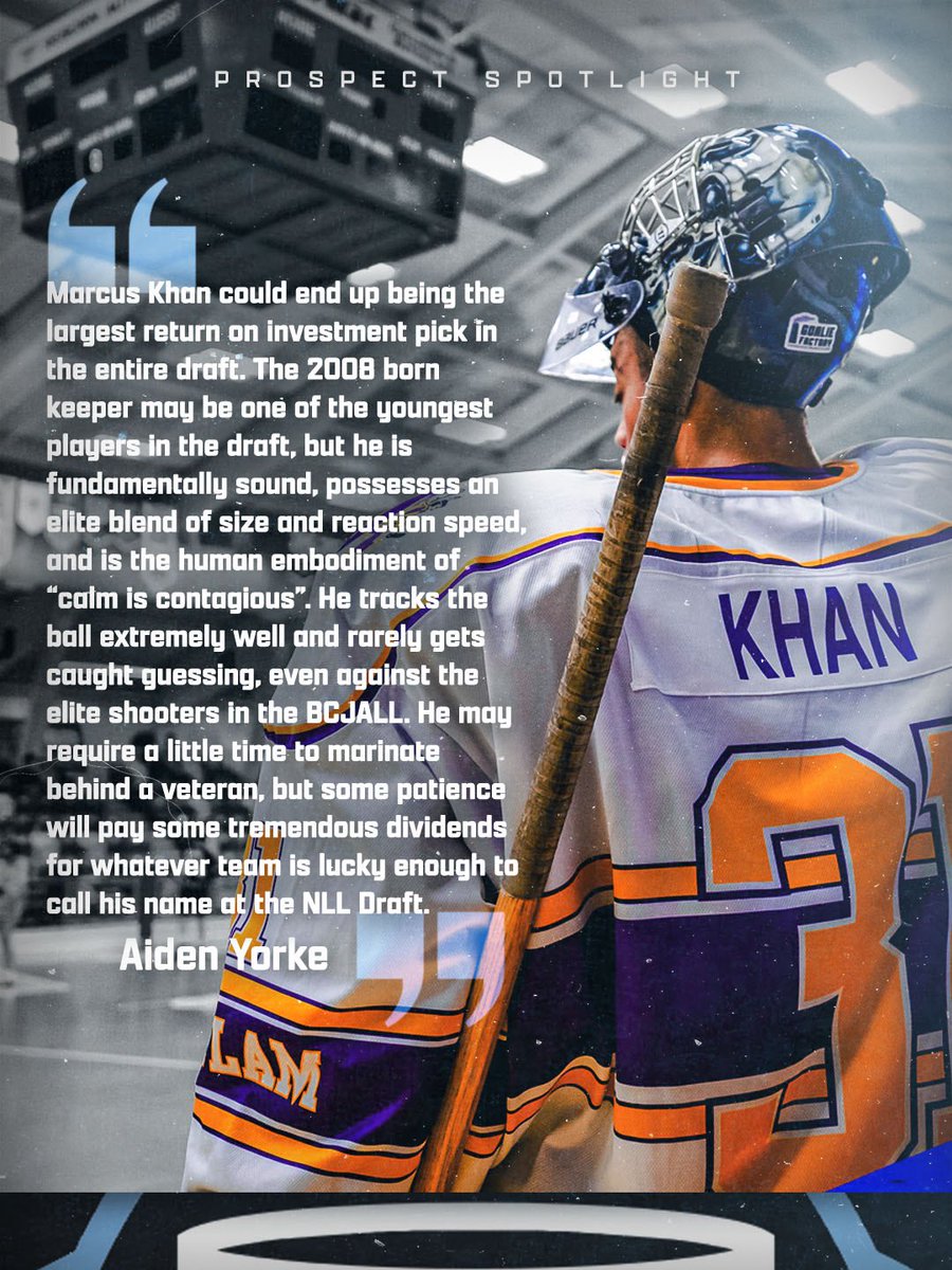 OnTheClockLax's tweet photo. After declaring for the 2026 @NLL Draft, Marcus Khan is looking to follow his brother and be one of the top goaltenders off the board ⏳ https://t.co/kTt9auefy9