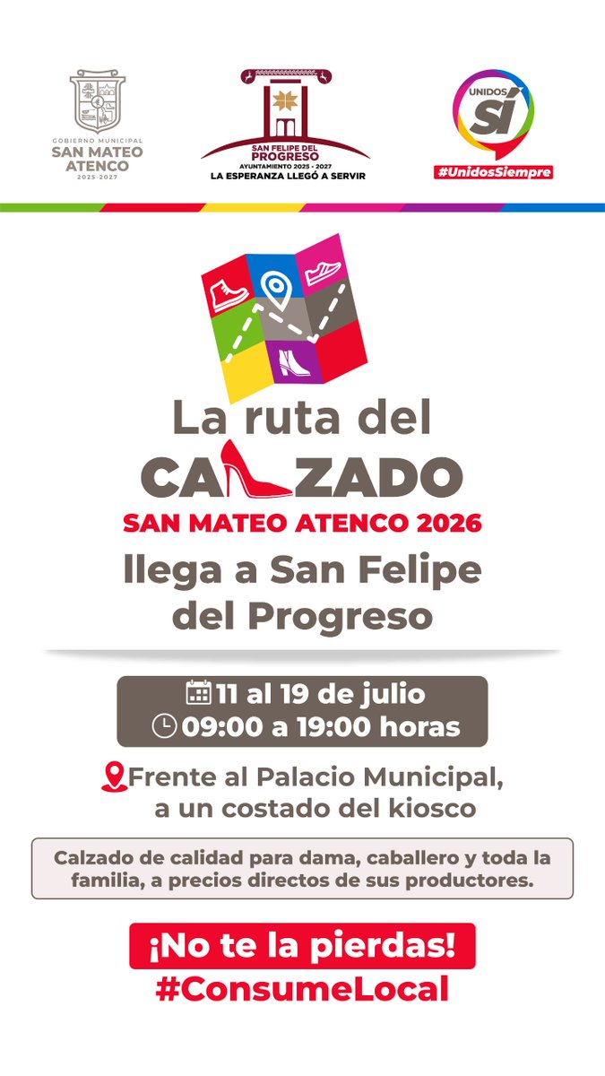 SanMateoAGob's tweet photo. ¡#LaRutaDelCalzado de #SanMateoAtenco 2026 llegó a #SanFelipeDelProgreso! 👢👠👞
🗓️ hasta el 19 de julio
⏰ de 10 a 19 h
📍Frente al Palacio Municipal
Adquiere calzado de la más alta calidad y a precios directos de fábrica.
¡Te esperamos!
#ConsumeLocal 🛍️ https://t.co/TvYBwJ2rUT