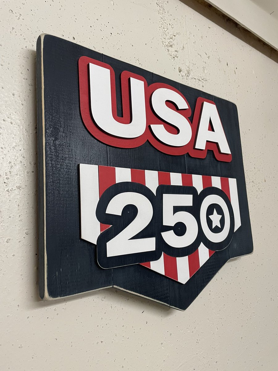 DC33Baseball's tweet photo. For sale!  Just completed!  “USA 250” MLB patch replica made in wood. Send me an email if you’re interested!  17 inches wide by 15 tall at the peak. $150 https://t.co/K9T90d6wnD