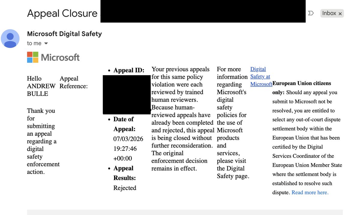 piasother's tweet photo. @JoshuaKhane Same here. 15 years gone.
Suspended, no reason given. No export window. Appeal rejected, then closed "without further reconsideration."
Gone: my Microsoft certifications. Every OneDrive file. Family photos with no other copy.
Two data regulators now have it.
@MicrosoftHelps https://t.co/lKH7Dp3Zxd