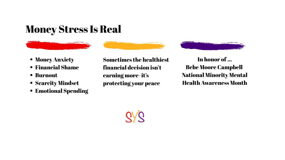 Saveyourselves3's tweet photo. Money Stress Is Real

Money Anxiety 
Financial Shame 
Burnout 
Emotional Spending 

Sometimes the healthiest financial decision isn’t earning more. It’s protecting your peace.

In honor of Bebe Moore Campbell 
National Minority Mental Health 
Awareness Month

#mentalhealth #money https://t.co/Wd4i8ql0Qz