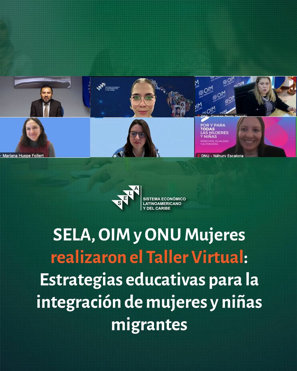 SELAInforma's tweet photo. 🗓️  Este miércoles 15 de julio se llevó a cabo la III Edición del Taller Virtual: “Estrategias educativas para la integración de mujeres y niñas migrantes”, organizado por el #SELA en conjunto con la @OIM_LAC; @ONUMujeres y la participación de @UNESCO_es; @uniceflac y @cepal_onu.

👥  Más de 110 funcionarios de 23 países miembros del SELA, participaron en el encuentro virtual que tuvo especial énfasis en la protección y autonomía económica de las mujeres y niñas migrantes en la región.

🗣️ Durante sus palabras de apertura, el Coordinador de Desarrollo Social del SELA, Gustavo Herrera, destacó que: “Los conocimientos, reflexiones y recomendaciones que surgirán durante este taller contribuirán a fortalecer las acciones que nuestros países desarrollan para garantizar una educación inclusiva, equitativa y de calidad para todas las personas, sin importar su condición migratoria”.

🎯 Este taller está enmarcado en el Programa de Trabajo 2026-2029 del #SELA, correspondiente al área de Desarrollo Social, con el propósito de lograr un mayor aprovechamiento de las oportunidades que presenta la cooperación entre los países de origen, destino y tránsito, a fin de impactar de manera positiva al desarrollo que ofrece la movilidad humana, entendida desde una visión integral que involucre los procesos de desarrollo socioeconómico de la región.

💻 ¡No te lo pierdas! Puedes volver a disfrutar de la III Edición del Taller Virtual: "Estrategias educativas para la integración de mujeres y niñas migrantes" en nuestro canal de YouTube.

➡️ Más detalles: https://t.co/doA74G4Wh2

🔹 ¡Más y mejor integración!

@CancilleriaCol  @CancilleriaPeru  @SRE_mx  @CancilleriaUy  @CancilleriaHN  @CubaMINREX  @Cancilleria_ve  @MRE_Bolivia  @ColombiaEmbVzla  @EmbBarVen  @EmbHN_Venezuela  @CancilleriaEc  @CancilleriaPma  @MIREXRD  @Cancilleria_Ar  @cancilleriasv  @CancilleriaP @MinRexNicaragua  @Minrel_Chile  @MinexGt  @ItamaratyGovbr  @MOFAbahamas  @MFABelize  @mfaguyana  @MOFAsur  @mfcagovtt ; @comunidadandina @ALADI_SG @ACS_AEC @ALBATCP @sg_sica @CARICOMorg @A_delPacifico @mercosur @OLACDEORG @AgendaCAF @SP_SELAorg, @OIM_LAC, @ONUMujeres, @eclac_un, @UNESCO_es @cepal_onu