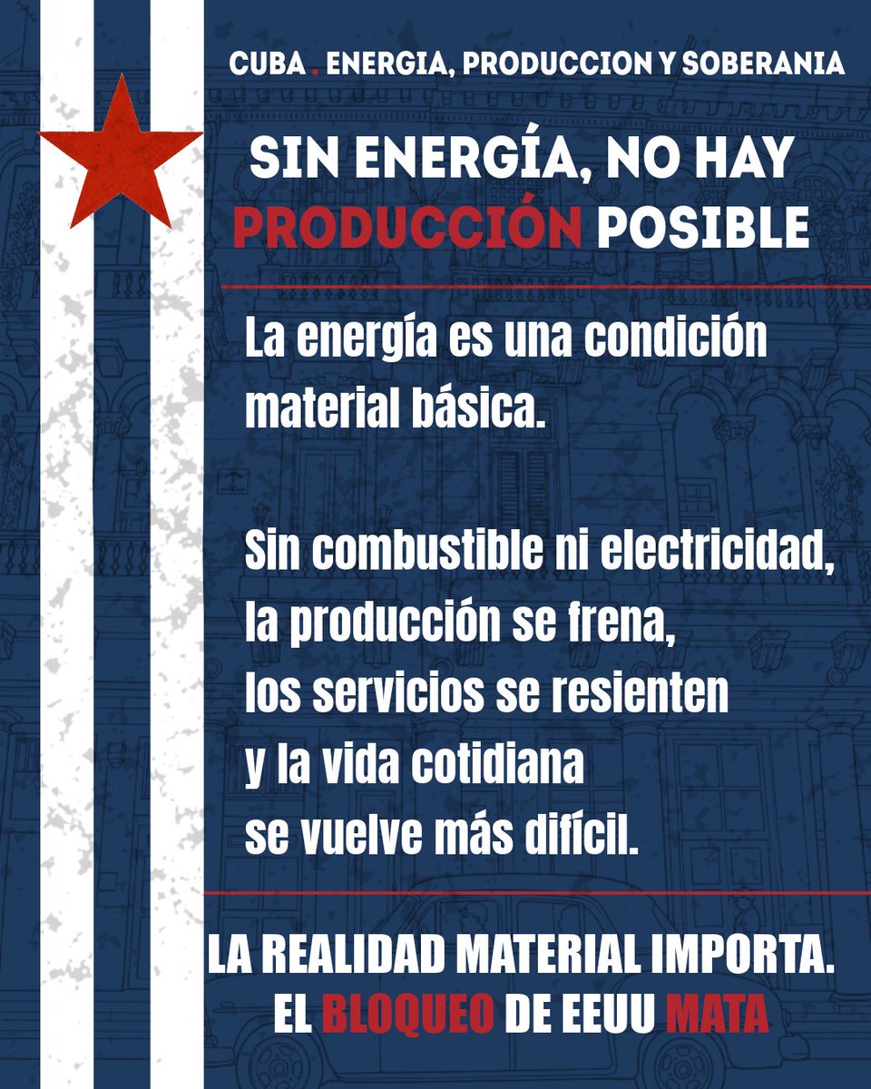 canariaspcc's tweet photo. La crisis energética que atraviesa Cuba afecta a la producción, al transporte, a los servicios públicos y a la vida cotidiana.

Hablar de Cuba sin hablar del Bloqueo es ocultar una parte esencial del problema.

🇨🇺✊

#SolidaridadConCuba #Bloqueo #Canarias #PCC https://t.co/0Sq4gGS2NU