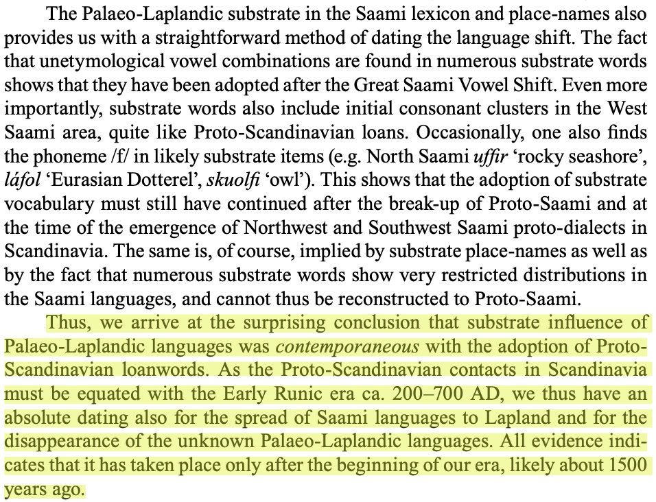 DanTabin's tweet photo. The craziest part about the late arrival of Saami isnt that they arrived after Indo Euroepans, but that pre-Uralic, pre-IndoEuropean languages seemingly still existed up until shockingly recently (<1500 years ago)
Their Saami loans are well dated by sound shifts and rune stones https://t.co/49VMMjGKIp