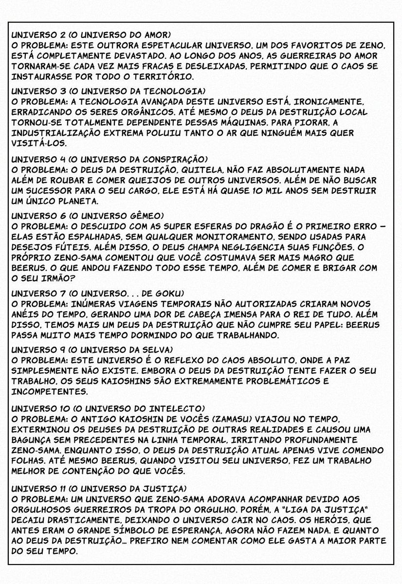 kkatiana_'s tweet photo. Desordem nos Universos:

​Segundo as análises de Zeno-sama, os universos 2, 3, 4, 6, 7, 9, 10 e 11 estão em completa desordem! Por conta disso, o Rei de Tudo pretende apagar todos eles para que essa bagunça deixe de existir.

O grande sacerdote explica o motivo para tal decisão: https://t.co/kFbkf80mli