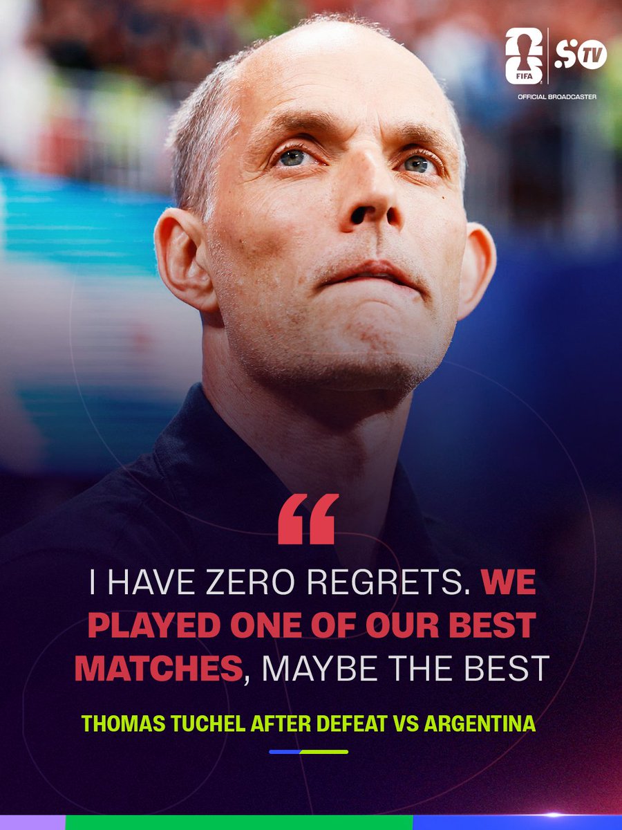SportyTV's tweet photo. 💭 A proud defeat?
Thomas Tuchel says England played "maybe their best match" despite falling 2-1 to Argentina in the World Cup semifinal.

🇿🇦 Get your World Cup Pass now and watch all FIFA World Cup 2026™ matches on SportyTV YouTube channel here: https://t.co/NAhrEWXxGU https://t.co/LNReyMBphH