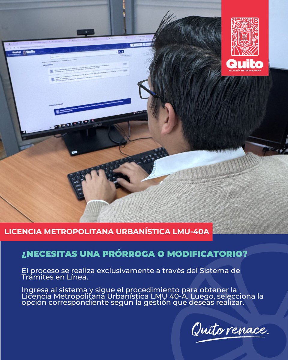 habitatdequito's tweet photo. 📢 #TrámitesFacilito | ¿Necesitas una prórroga o modificatorio de tu LMU 40-A?

Realiza tu solicitud de forma rápida y segura a través del Sistema de Trámites en Línea.

💻 Haz tu solicitud sin acudir de manera presencial, ingresando aquí: https://t.co/3znydx932f

🌸 #QuitoRenace https://t.co/1f1dvO1AHL