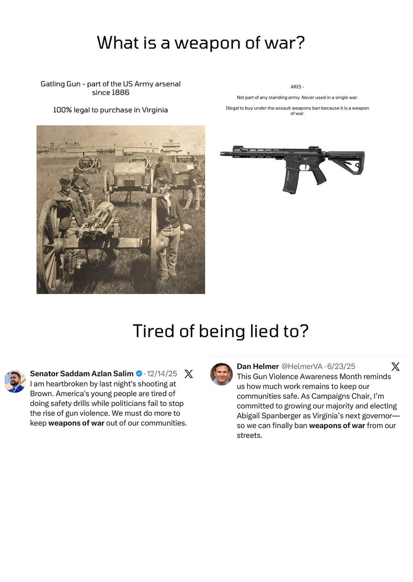 AssocAnderson's tweet photo. Did you know suicides make up 2/3 of firearm fatalities annually? They are used in the “gun violence” narrative. Why? Because they need the statistics to push agenda 

Do you know how many people died in Virginia over the past 5 years from AR15? No.  No one does because the government won’t keep statistics.  But realistically- less than 10 annually in Virginia. 

Why do Democrats call an AR15 a weapon of war ? No military in the world uses it. 

Everything you have been brainwashed to believe is a lie.  More people have died in Virginia from DUIs last year (245) compared to rifle deaths (<10).