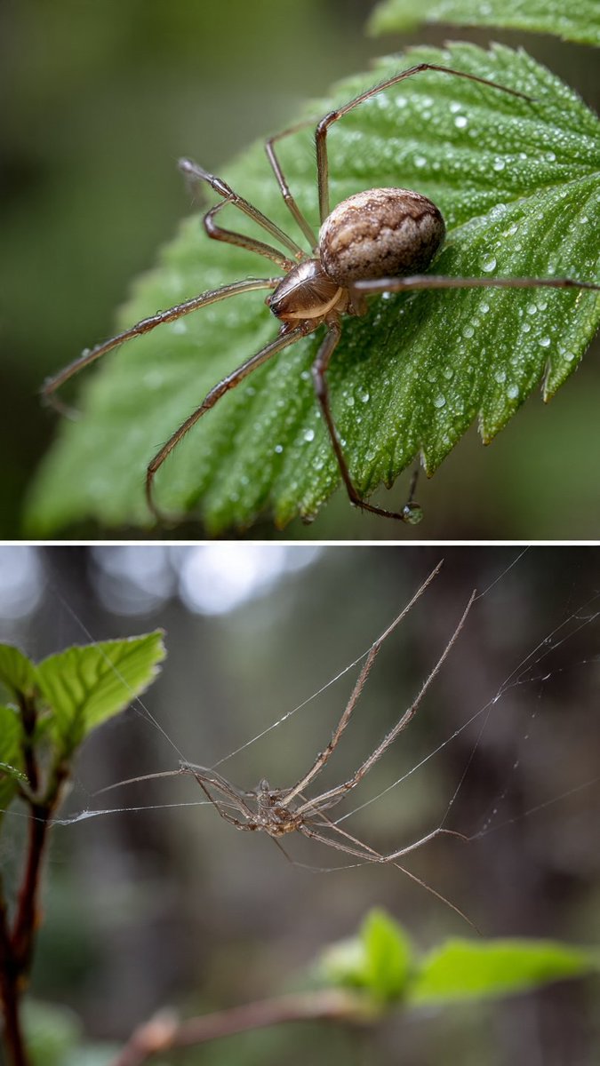 AnimalZoneikum's tweet photo. A realistic close-up of a spider on a green leaf with morning dew drops. Natural lighting, sharp focus, photorealistic.

*Caption:*  
Nature's tiny architect https://t.co/lbsqusn39N