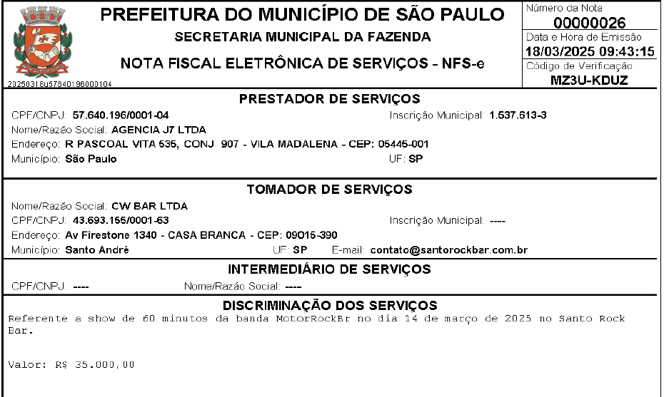 demetriovec's tweet photo. Um adendo sobre um tuíte de ontem e uma correção:

O Santo Rock Bar me procurou e diz não reconhecer as notas fiscais apresentadas pelas bandas de rock à prefeitura como se elas tivessem se apresentado lá.

E eu escrevi aqui que o bar emitiu as notas, o que naturalmente é o contrário. As bandas emitiram as notas contra o bar.

Abaixo, um print de uma das notas fiscais, de março de 2025. O bar recebeu a nota em seu e-mail de contato, mas ela nunca foi cancelada.

Com essas notas, a banda RockFun Legend, do sobrinho da principal assessora do presidente do TCM, justificava cobrar cachê exorbitante da prefeitura de São Paulo.