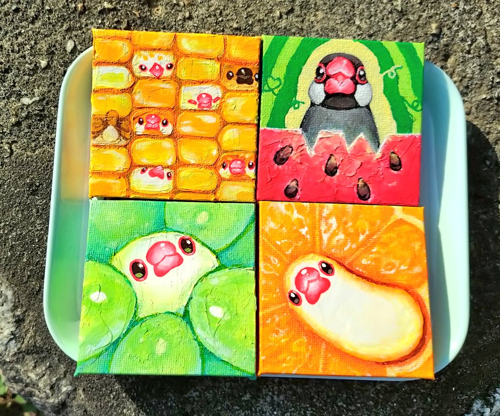 尾張文鳥博 ミニキャンバス原画、間に合いました！ニス光沢でつやつや