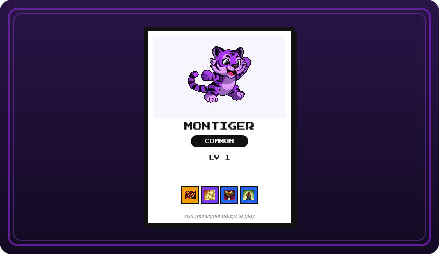 MonExMonad's tweet photo. @jeux_simon perfect rip. 1 Common, nothing escaped. Common Montiger are the ones. 13 remaining. claim them in your box on monexmonad. (1/4 @ replies left today) https://t.co/LMXlcLPhGF