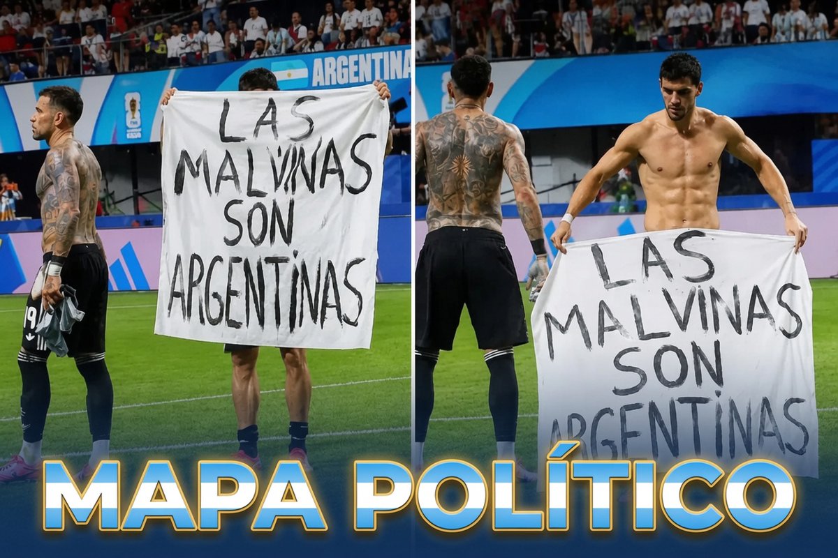 MapaPoliticoAR's tweet photo. Los jugadores argentinos desplegaron después de ganarle 2 a 1 a INGLATERRA y compartieron con la hinchada la bandera prohibida por la FIFA y el gobierno de Milei:
"Las Malvinas son argentinas" https://t.co/JZyIUJ0RE9