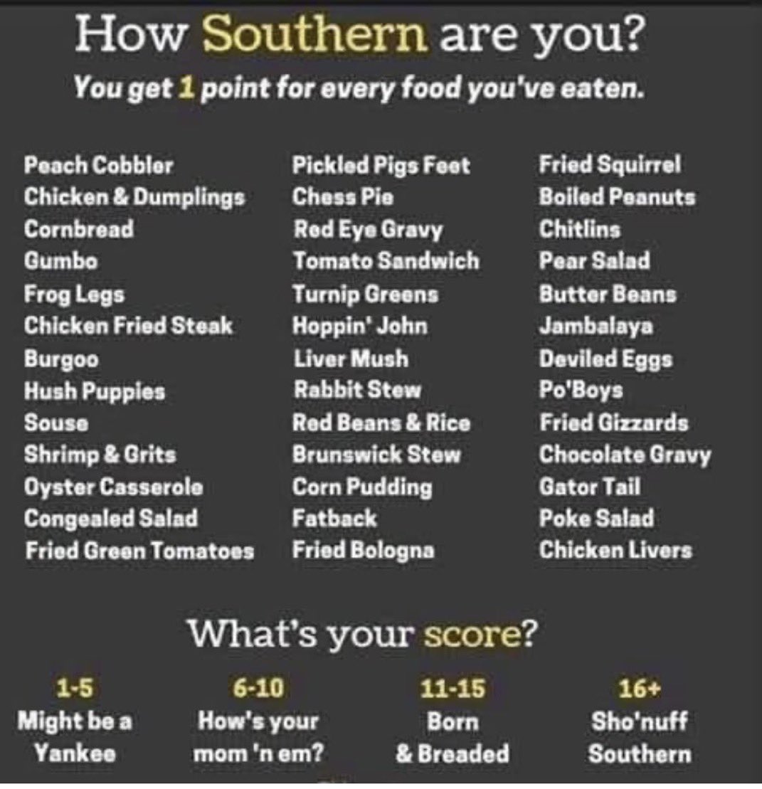 ErikUnchained's tweet photo. I might be a yankee according to this. I got 4, but to be fair I’m a city boy that moved to the south. 🤣 https://t.co/AOwFWAuZ7z