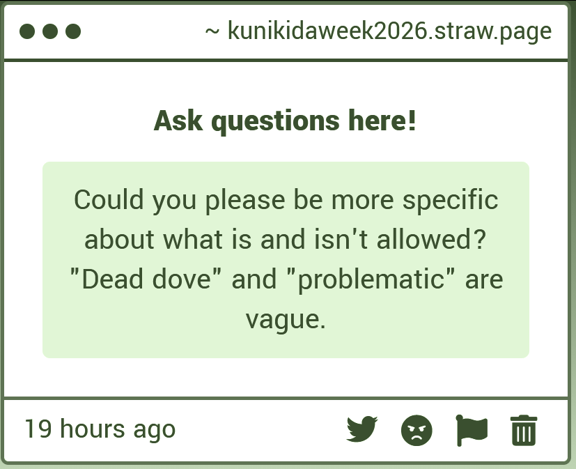 KnkdWeek's tweet photo. Submissions that include problematic ships such as proships, darkships, comships, etc. and immoral content like, for example, various forms of abuse and disturbing/immoral topics are not allowed. https://t.co/Y4wXmZYF12
