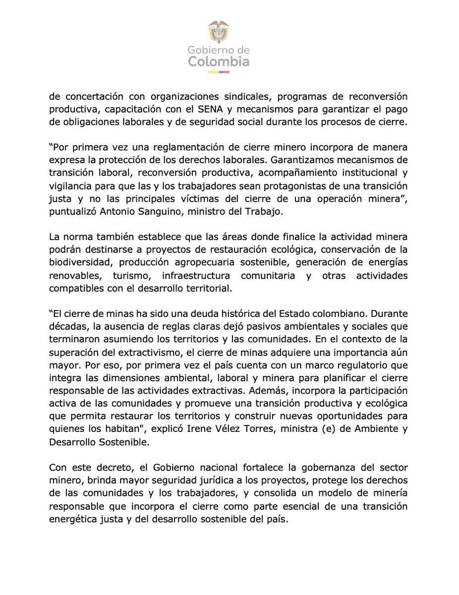 MinAmbienteCo's tweet photo. "El cierre de minas ha sido una deuda histórica del Estado colombiano. Durante décadas, la ausencia de reglas claras dejó pasivos ambientales y sociales que terminaron asumiendo los territorios y las comunidades", afirmó la ministra (e) de Ambiente y Desarrollo Sostenible, Irene Vélez Torres (@IreneVelezT).

Hoy Colombia da un paso histórico: por primera vez cuenta con una reglamentación que integra las dimensiones ambiental, laboral y minera para garantizar que, cuando una actividad extractiva llegue a su fin, comiencen la restauración de los ecosistemas, la recuperación del territorio y una transición productiva y ecológica construida con las comunidades.

Conoce más en el comunicado. ⬇️