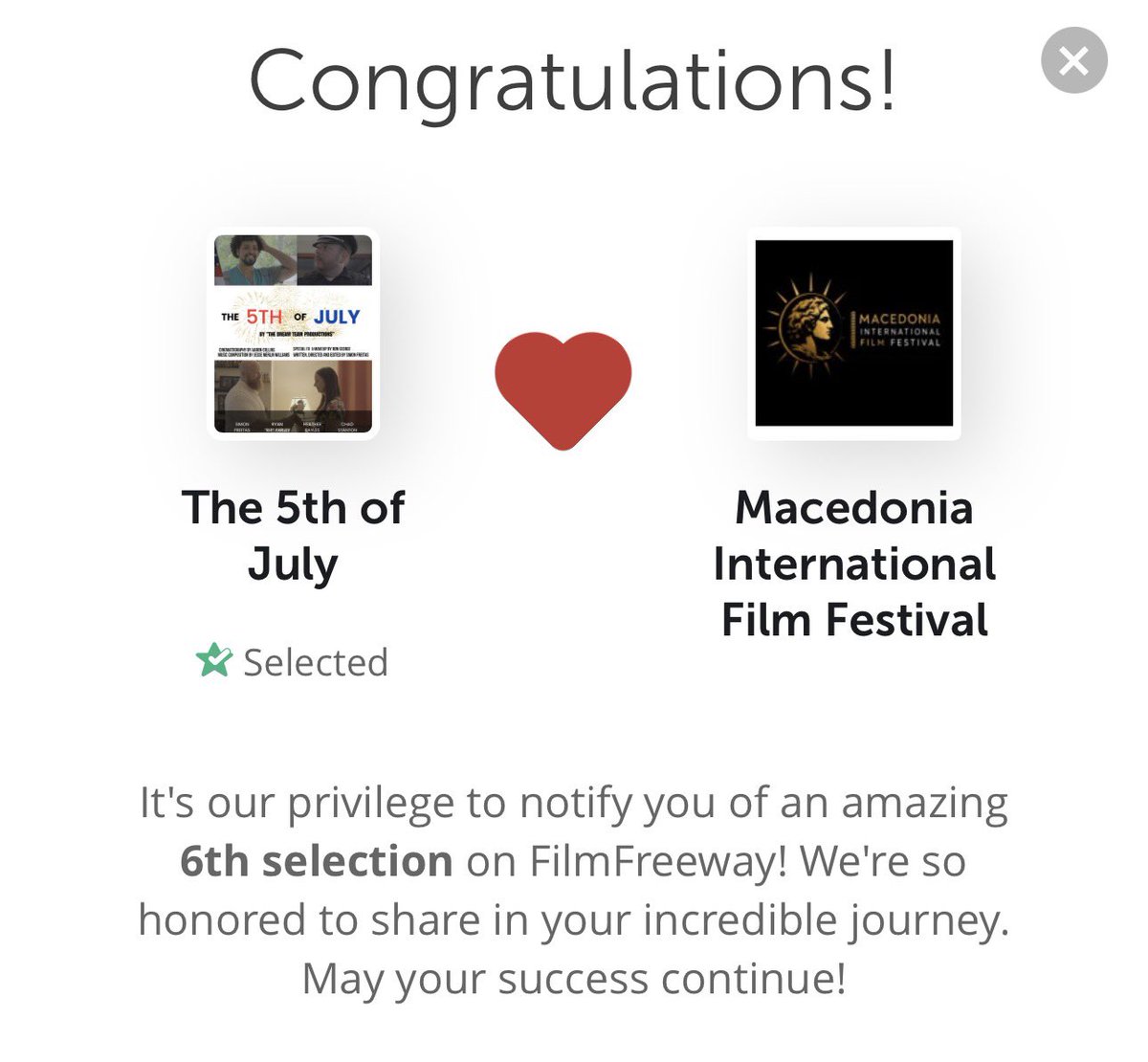 SimonFreitasPro's tweet photo. Amazing news! My film “The 5th of July” was just selected by Macedonia International Film Festival! #AnothaOne https://t.co/xBl6grJMUi