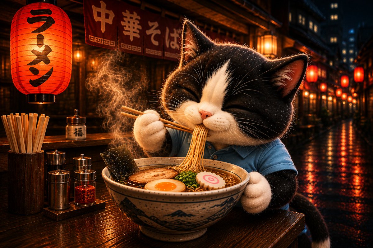 ai_yrt's tweet photo. AIを使えば一瞬。
そう思われがちですが、
本当に大切なのは
「何を作りたいか」
でした。
AIは近道じゃない。
夢を形にするための相棒です🐾

#生成AI #AIanicats #AIアート
ラーメン食べてる姿を更に追求しました。 https://t.co/8WqwQfaFTn
