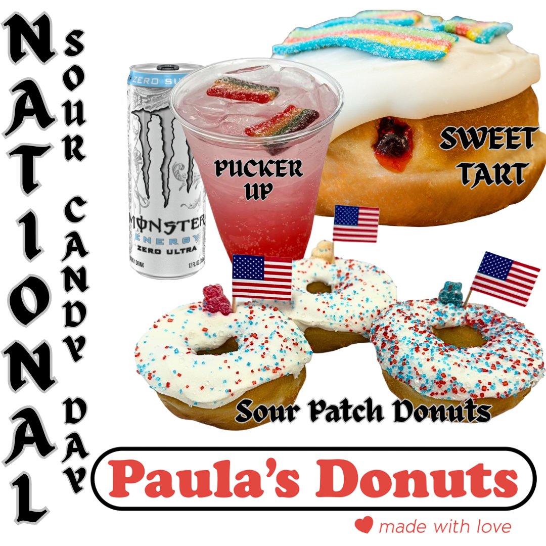 PaulasDonuts's tweet photo. Happy National Sour Candy Day!!
What is your go-to?
Order online for a quick pick-up: https://t.co/g5NVtQcIhu
#sourcandy #sourrainbow #lemon #sourpatch #puckerup #sweetandsour #sweettart #blueberry #keylime #pbnj #grapejelly #hotchocolate #chocolate #peanutbutter #redvelvet #saturdayvibes #coffee #donuts #breakfastsandwich #icedcapp #frozendrinks #boba #peanutbutter #chocolate #strawberry #raspberry #cherry #apple #BestDealInTown