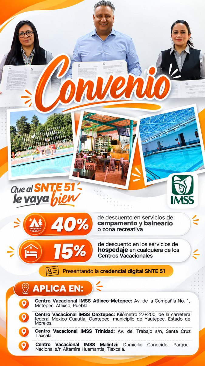 R_AlfredoGP's tweet photo. Establecimos un convenio de colaboración con los Centros Vacacionales del @Imss_Pue para que nuestros agremiados disfruten de nuevos beneficios pensados para el descanso, la convivencia y la diversión en familia. 👨‍👩‍👧‍👦☀️ https://t.co/uSYQdPmVYz
