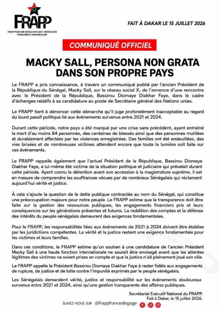 secondair_effet's tweet photo. 📌Le FRAPP s’oppose à tout soutien à la candidature de Macky Sall au poste de Secrétaire général de l’ONU, estimant que les victimes des violences de 2021 à 2024 attendent toujours vérité et justice. 

Le mouvement appelle le président Bassirou Diomaye Faye à respecter ses engagements de rupture, de reddition des comptes et de lutte contre l’impunité.
