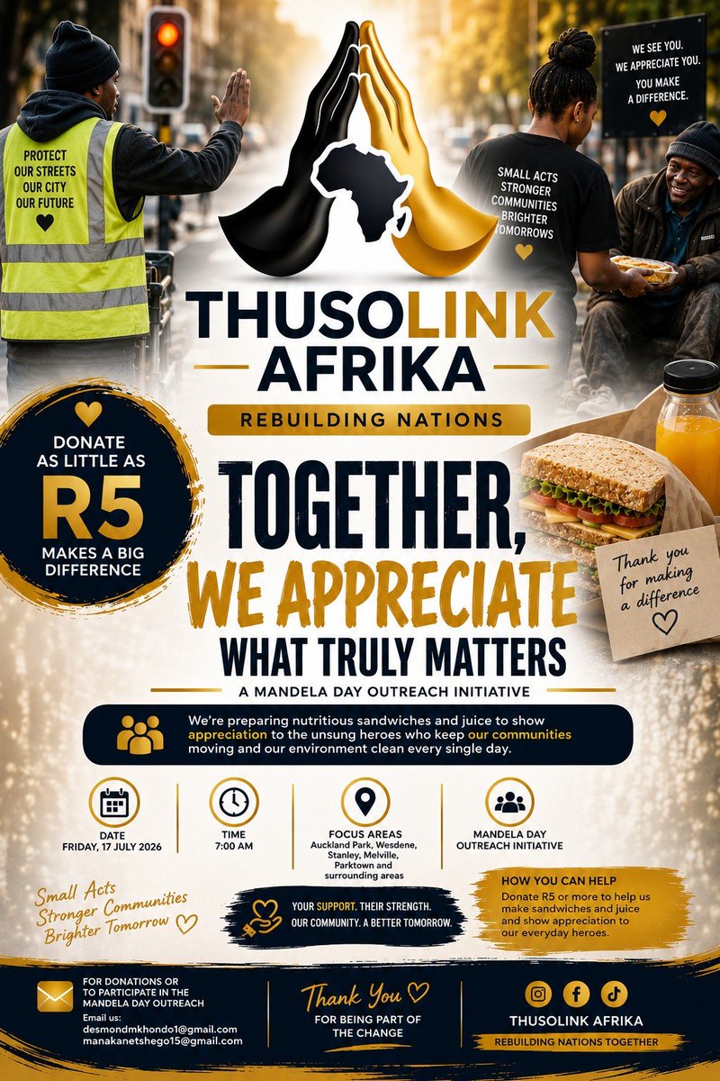tshegoboybae's tweet photo. This Mandela Day, we're giving back to the people who quietly serve our communities every day.
๐ Donate from R5 or join the outreach.
#THUSOLINKAFRIKA #MandelaDay2026 #Ubuntu #Africa #RebuildingNations #Community https://t.co/AEdSVDBfvf