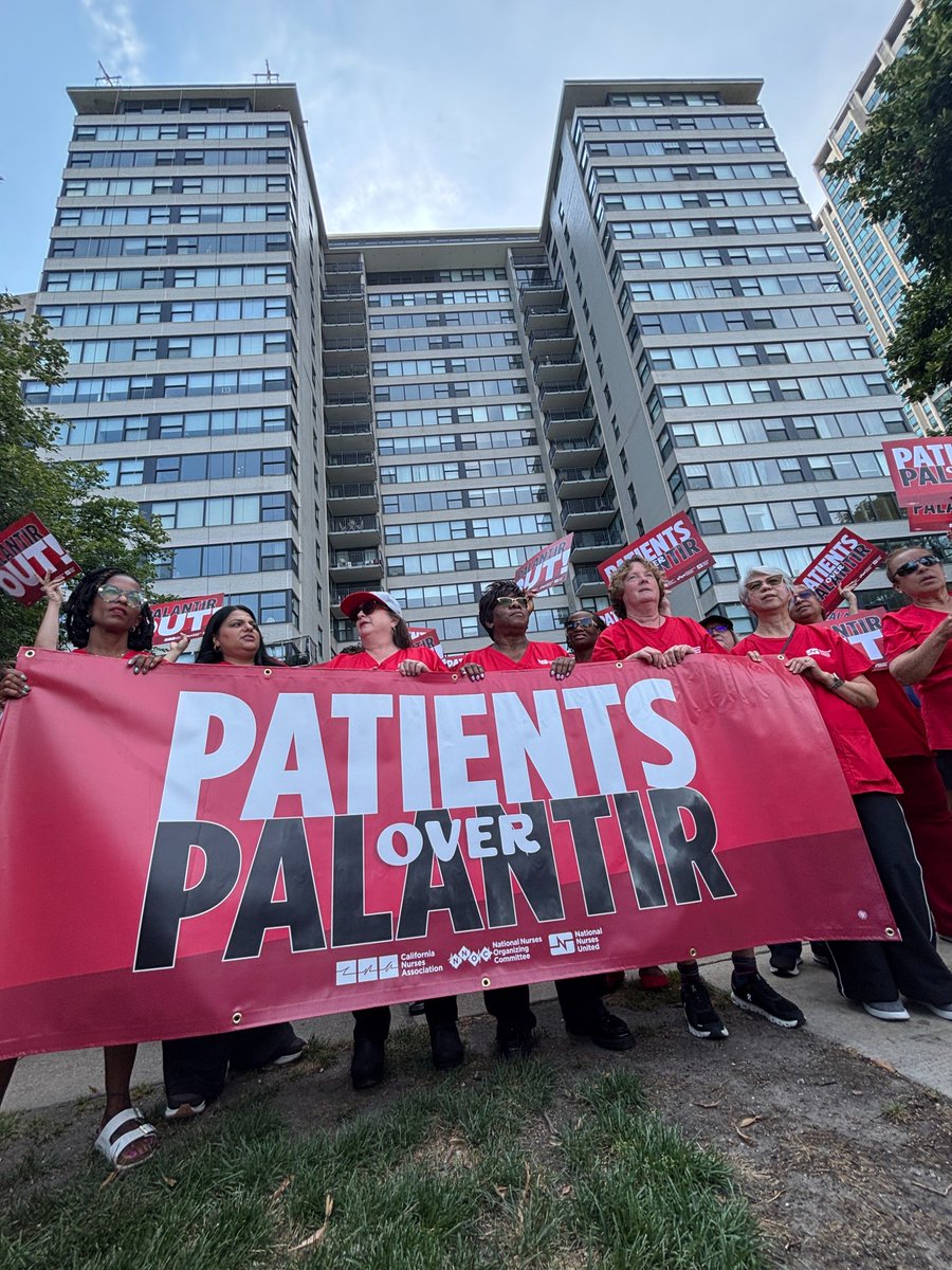 NationalNurses's tweet photo. Nurses marched and rallied outside @SenatorDurbin's apartment in Chicago with #PurgePalantir signs. Nurses demand he return every dollar in Palantir donations. Palantir surveillance tech doesn't belong in our hospitals or our government! https://t.co/zt6B59DuZO