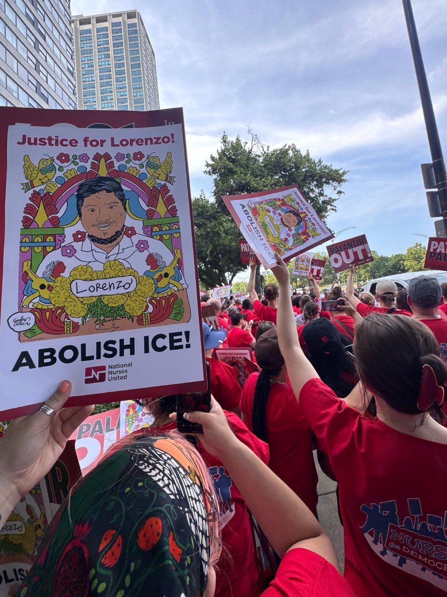 NationalNurses's tweet photo. Nurses marched and rallied outside @SenatorDurbin's apartment in Chicago with #PurgePalantir signs. Nurses demand he return every dollar in Palantir donations. Palantir surveillance tech doesn't belong in our hospitals or our government! https://t.co/zt6B59DuZO