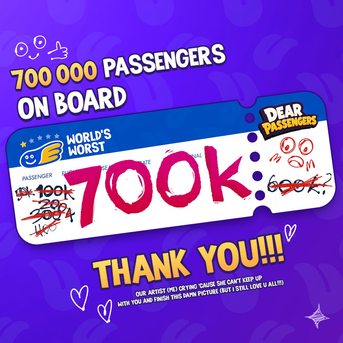 FarTooObvious's tweet photo. 700,000 passengers onboard in just 36 hours!

We made Dear Passengers as players for players and honestly, we’re still trying to process what just happened.

You’re the reason this happened and you’re the best passengers we could have asked for. ✈️💔

#DearPassengers https://t.co/L9dFeQarbd