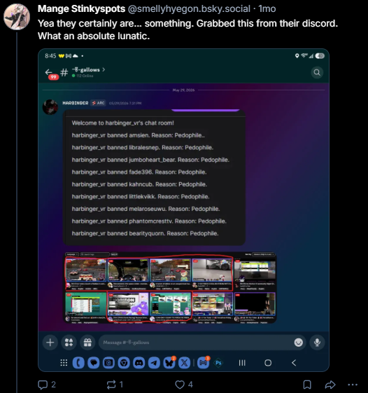 HARBINGER_VR's tweet photo. @Sour_blu3 Called a Babyfur streamer out in their Twitch chat for sexualizing their babyfied sona

They spent 2 weeks having their community stalk me, "infiltrate" my discord, and then screenshot shit out of context (my wall of shame/banning channel) to try and paint me as a MAGA / "Larper" https://t.co/UEKgwXZHnU