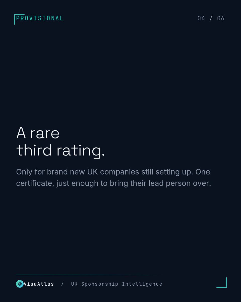 visaatlasuk's tweet photo. Being on the sponsor list does not mean a company can sponsor you today.

A rated: fully trusted, can issue you a certificate right away.

B rated: under a compliance fix, cannot take on new overseas hires until it clears.

There is also a rare provisional rating for brand new UK setups.

Always check the current rating, not an old one.