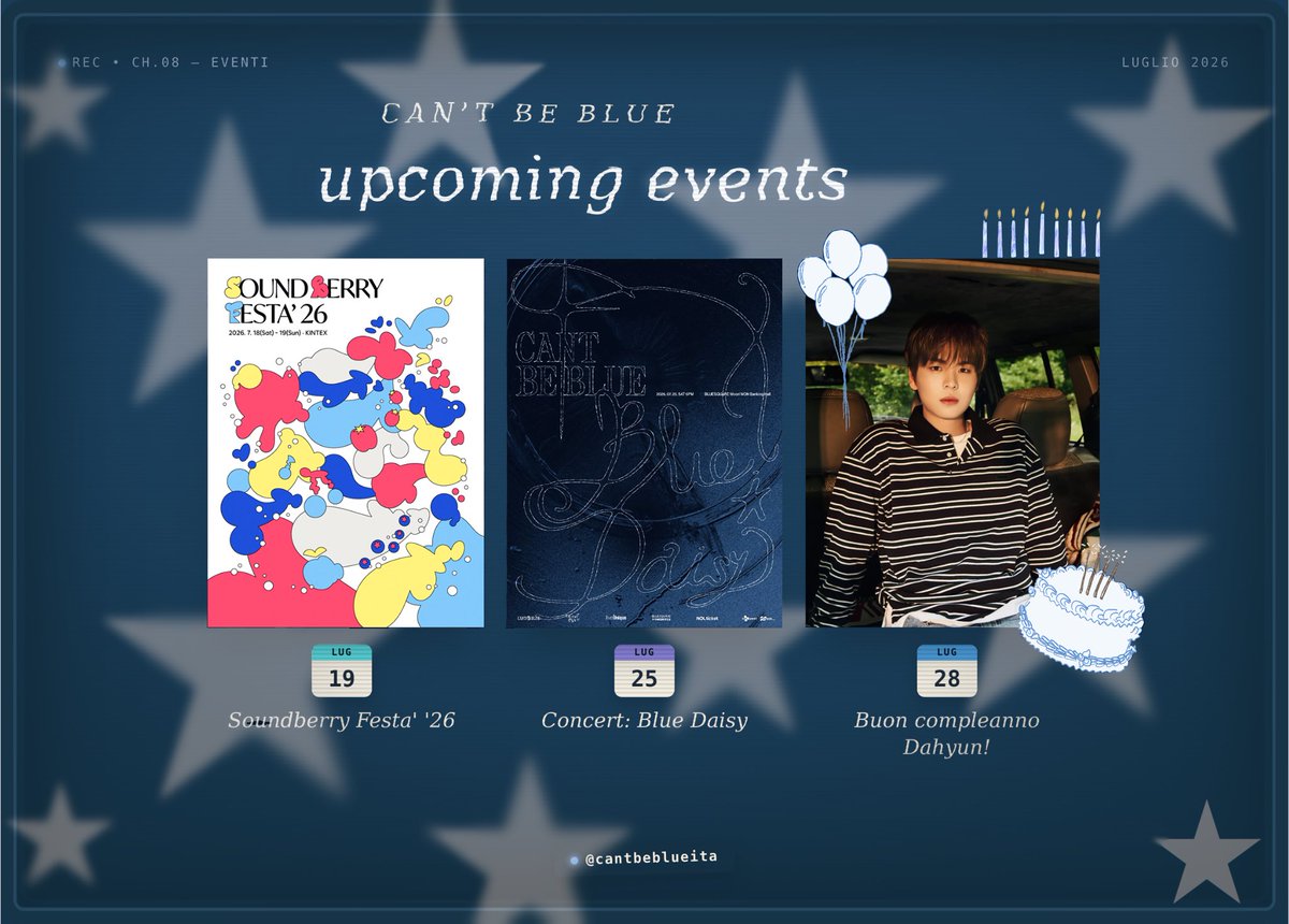 cantbeblueita's tweet photo. ୨ৎ can’t be blue july schedule 💙✨

un piccolo reminder dei prossimi appuntamenti con i #cantbeblue nella seconda metà di luglio! 

let’s enjoy these moments together ♡

#CantBeBlue #캔트비블루 #kpop 

↓ https://t.co/LY4Yp7mcS6