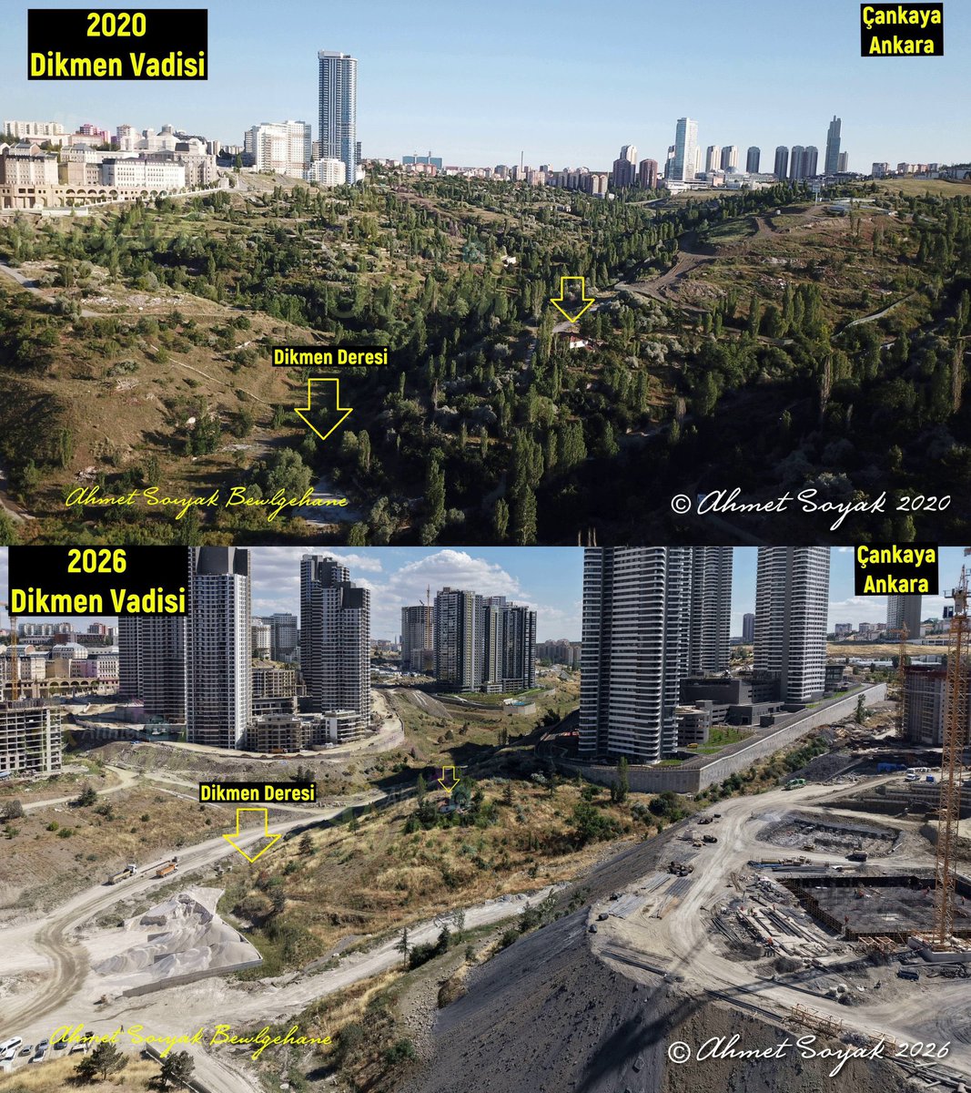 ragipsoylu's tweet photo. Brutal massacre of trees in Ankara’s Dikmen Valley. 

It is painful to compare the pics. One has peace of mind and the second is just soulless piece of shit. 

Ankara’s nature doesn’t produce many trees. This was a very valuable area. https://t.co/xeLicYvkgZ