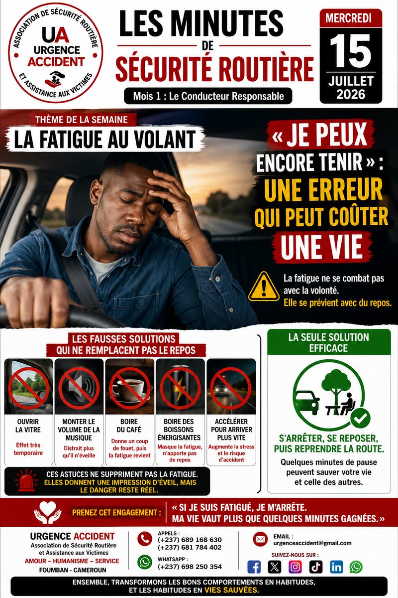 benrodriguendm's tweet photo. Je peux encore tenir... »
Cette phrase est parfois la dernière erreur avant un accident.
🚫 La musique ne remplace pas le repos.
🚫 Le café ne remplace pas le sommeil.
🚫 Ouvrir la vitre ne supprime pas la fatigue.

Faire une pause.
Dormir si nécessaire.
Puis reprendre la route. https://t.co/jNOOEoAPEc