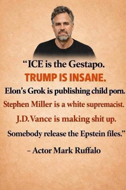 strujillo075's tweet photo. "Absolutely, Mark — we need accountability and transparency from those in power. ICE's abuses, Trump's erratic actions, and the silence on Epstein's files highlight how broken the system is. Voices like Ruffalo's reflect our collective frustration: enough is enough." https://t.co/wxQZvsTh14