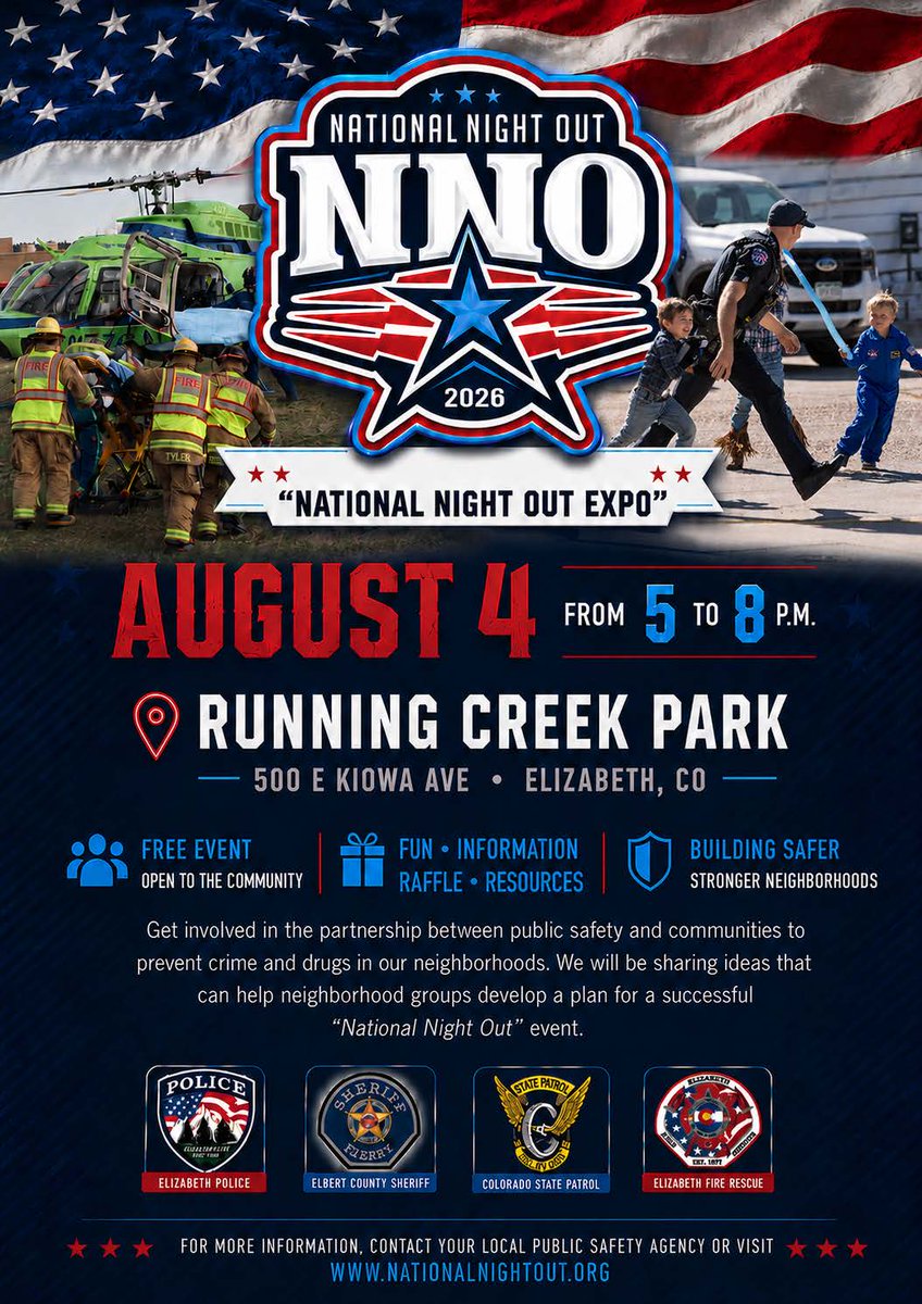 ElizColorado's tweet photo. Join Us for National Night Out!

Be part of the partnership between law enforcement and our community to help prevent crime and reduce drug activity in our neighborhoods.

> FREE
> Open to the Community
> Fun Activities
>️Safety Information
> Raffle Prizes
> Community Resources https://t.co/pnxW0aK0tT