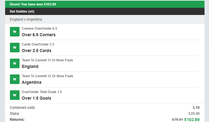 johnbourne59's tweet photo. @TheCardDealer Two boosted match stats bets in for me tonight....

Thank goodness for the last minute foul by England on the Argentina keeper! https://t.co/lZenlITu2s