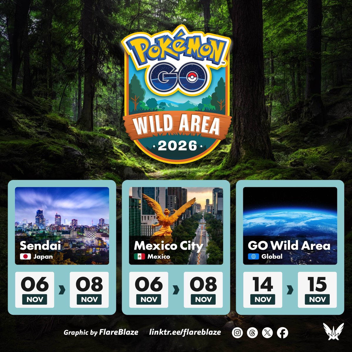 FlareblazeA's tweet photo. Save the dates for #PokemonGOWildArea2026 

🇯🇵 Sendai 
🗓️ 6th - 8th November 2026 

🇲🇽 Mexico City
🗓️ 6th - 8th November 2026 

🌍 Global 
🗓️ 14th - 15th November 2026 https://t.co/EcYAA4aBLY