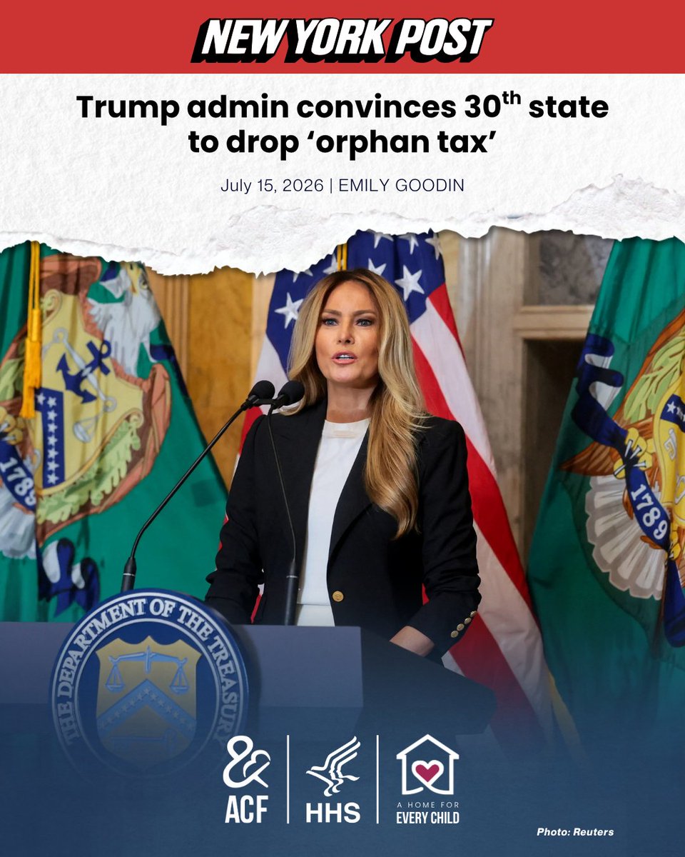 ACFHHS's tweet photo. Thanks to @FLOTUS's leadership states are ending the "orphan tax."

“With 60% of states already taking action, we are past the tipping point &amp; encourage [the others] to stop balancing budgets on the backs of orphans.”—@ACF_Adams

@nypost's @Emilylgoodin https://t.co/bpCqu9R8X6 https://t.co/VQZjljCYhH