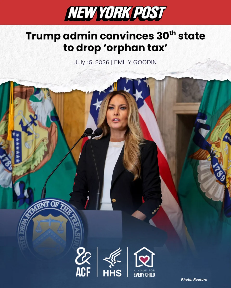 An individual stands at a podium with the Department of the Treasury seal, addressing microphones. The backdrop features flags and insignia. The headline reads, "Trump admin convinces 30th state to drop 'orphan tax."