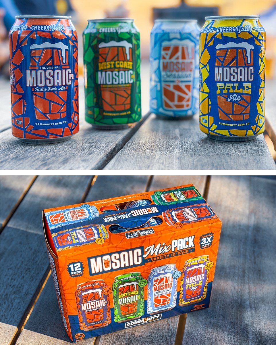 CommunityBeerCo's tweet photo. The Mosaic Mix Pack brings together the Original Mosaic IPA, West Coast Mosaic IPA, Mosaic Session IPA, and Mosaic Pale Ale in one 12-pack.

Pick a favorite, or keep the whole family together. https://t.co/SvOhhtFhKD