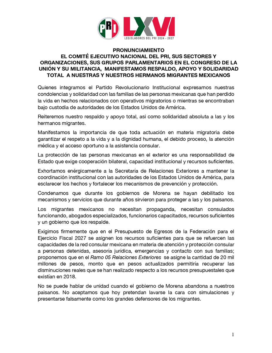 PRI_Nacional's tweet photo. El Comité Ejecutivo Nacional del PRI, sus Sectores y Organizaciones, sus Grupos Parlamentarios en el Congreso de la Unión y su militancia, manifestamos respaldo, apoyo y solidaridad total a nuestras y nuestros hermanos migrantes mexicanos. https://t.co/9qhsIvEZxA