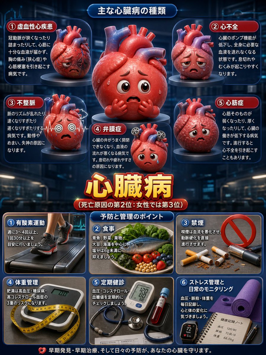 oneblood4all's tweet photo. 病気③心疾患

【今、あなたのそばで、1秒に1回、黙って働き続けているものがある】

それが心臓だ。

休憩なし、有給なし、文句なし。

1日10万回、1年で3,600万回。
80年の生涯で計算すると、なんと約30億回。

ただの一度も止まることなく、あなたの命を動かし続けている。

【1985年から死因第2位】

私たちは、心臓のことを「調子が悪くなってから」しか考えない。

これが、日本で毎年22万人以上が心疾患で命を落とし続けている、一つの理由。

心疾患は、死因の第2位だ。

がんが1位で、老衰が3位
女性は第3位(老衰に次ぐ)

その間にずっと、40年以上居座り続けているのが心疾患（心臓の病気）だ。

年間22万人。
1日に直すと約600人。

朝起きてから眠り���つくまでの間に、日本のどこかで600人が心臓の病気で亡くなって��る。

それでも「自分は大丈夫」と思っている人が、おそらくほとんどだ。

【心疾患という言葉の落とし穴】

心疾患が怖いのは、「症状がある人」だけが危ないわけじゃないからだ。

サインは、案外地味なところにある。

多くの人が「心臓の病気 ＝ 激しい胸の痛み」だと思っている。

もちろんそれも正しい。
でも現実はもっと曖昧だ。

「最近、階段を上がると胸が少し重い気がする」
「肩や背中が、なんとなく痛い」
「夜中に息苦しくて目が覚めることがある」
「足がむくむ。体重が1週間で2〜3kg増えた」
「なんとなく疲れやすくなった気がする」

これらは全部、心臓がすでに悲鳴を上げているサインになりうる。

特に怖いのは、糖尿病の人や高齢の方では「痛みを感じない心筋梗塞」が起こることがある点だ。

胸が痛くないから大丈夫、というわけにはいかない。

【心臓病は、生活習慣の積み重ねで起きる】

突然死に見えても、多くの場合は「突然」ではない。

動脈硬化���いう名の、何年もかけたじわじわとした詰まりが積み重なった末に、ある日限界を迎える。

タバコを吸い続けること。
脂肪と塩分の多い食事が続くこと。
運動しない生活が何年も続くこと。
ストレスを慢性的に抱え込むこと。

これらがすべて、心臓の血管を少しずつ痛め続ける。

逆に言えば、生活習慣を変えることで、心臓病のリスクは確実に下げられる。

週3〜4回、30分の有酸素運動（ウォーキングで十分）。
青魚・野菜・大豆中心の食事。塩分は1日6g未満を意識する。
禁煙。これは今日すぐできる、最大のリスク低下策のひとつだ。
血圧・体重・脈拍を、毎日1回測って記録する。数字を知ることが、体の異変への最初の「気づき」になる。

【医療の最前線の転換点】

2026年、New England Journal of Medicineという世界最高峰の医学誌に、���る論文が掲載された。

iPS細胞から作った「心筋パッチ」を重症心不全患者の心臓に貼り付けると、失われた心筋が再び厚くなり、ポンプ機能が改善した、という内容だ。

同じ2026年、大阪大学は、コロナワクチンでも使われたmRNA技術を使い、5種類の遺伝子を一度に心臓に届けることで、心筋梗塞後の難治性心不全を改善することに世界で初めて成功した。

長い間「心筋細胞は一度死んだら再生しない」と言われ続けてきた。

その常識が、今まさに塗り替えられようとしている。

それでも、これらの最先端治療が広く使えるようになるのは、まだ先の話だ。

だから今、私たちにできることは何か。
「知ること」だ。

心臓が1日10万回動いているという事実を知ること。

年間22万人が心疾患で亡くなっているという現実を知ること。

「なんとなく重い」
「なんとなく疲れやすい」
が、心臓のSOSかもしれないと知ること。

血圧を測る習慣が、命を守る最も安価で確実な手段だと知ること。

心臓は、あなたに何も言わない。

泣き言も言わず、サボりもせず、ただただ働き続けている。

30億回打ち終わる前に、一度だけ、心臓のことを考えてみてほしい。
今日、血圧を測ってみることから、始めてみよう。