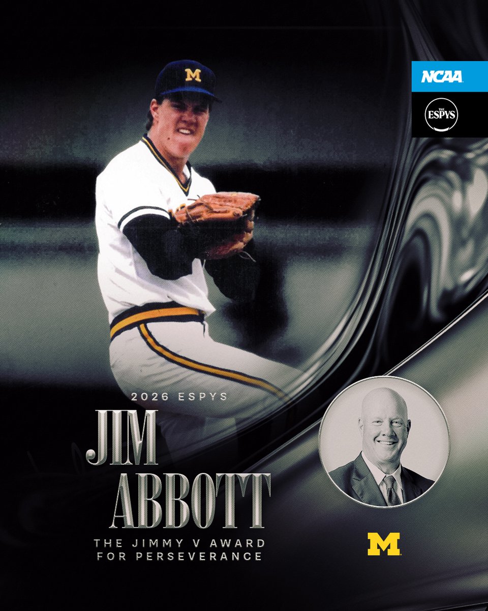 NCAA's tweet photo. He defied the odds and became a symbol of resilience. 💙

@umichbaseball pitcher Jim Abbott was born without a right hand and proved he could still compete at the highest level. He is recognized for the barriers he broke and has earned the Jimmy V Award for Perseverance.

@NCAABaseball x #ESPYS